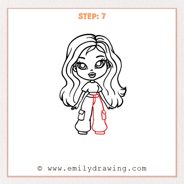 how to draw a bratz doll - A Bratz doll drawing with the full pair of wide-leg cargo pants completed, including a second pocket, fly details, and both chunky shoe soles.